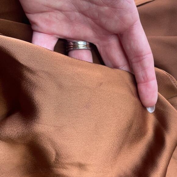 Sirapop Sara Satin Asymmetric Side-Drape Midi Dress in Camel NWTI – Size Small - Picture 10 of 17